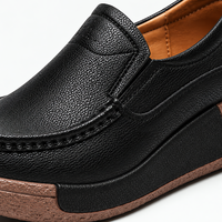 Women's Black Leather Wedge Loafers with Round Toe