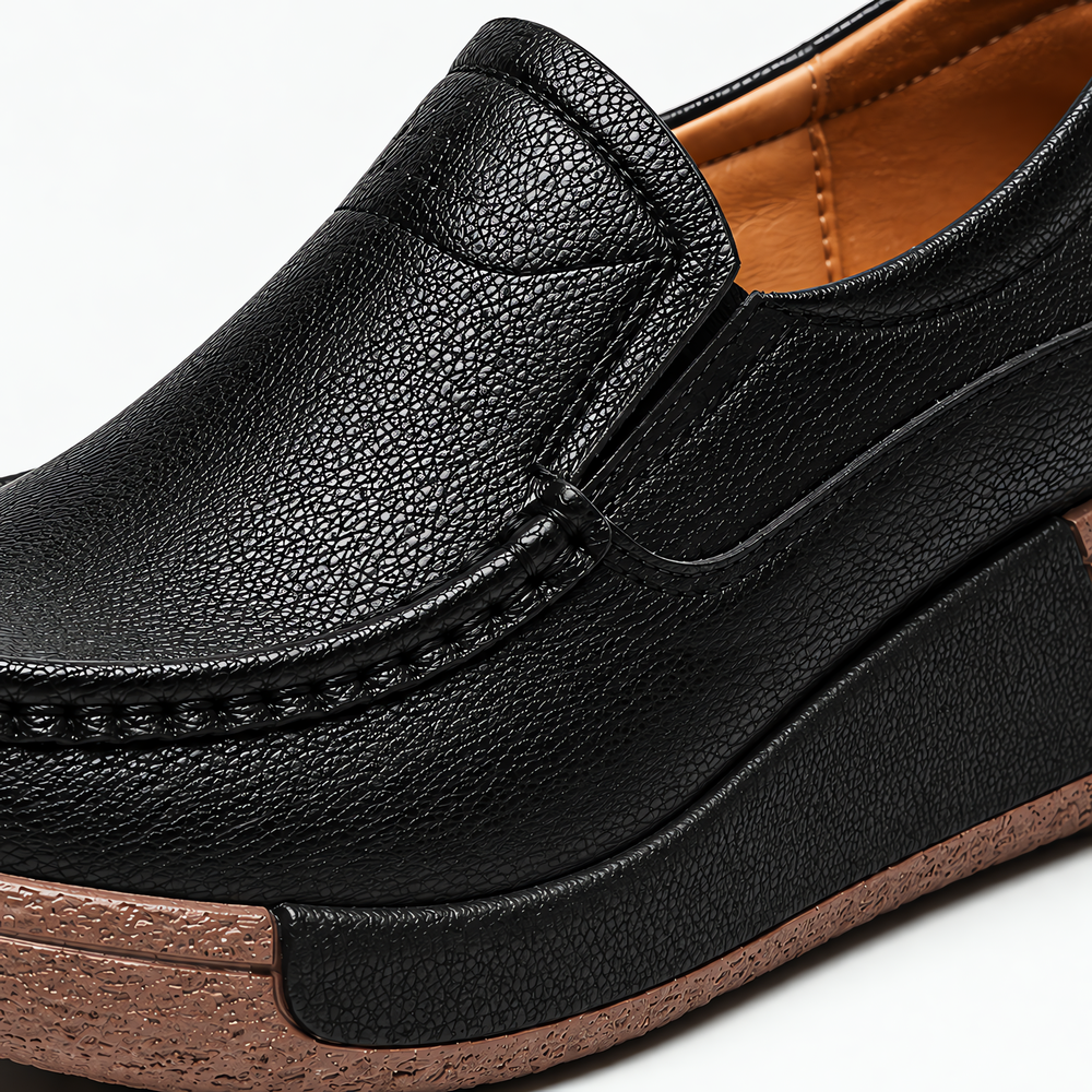 Women's Black Leather Wedge Loafers with Round Toe