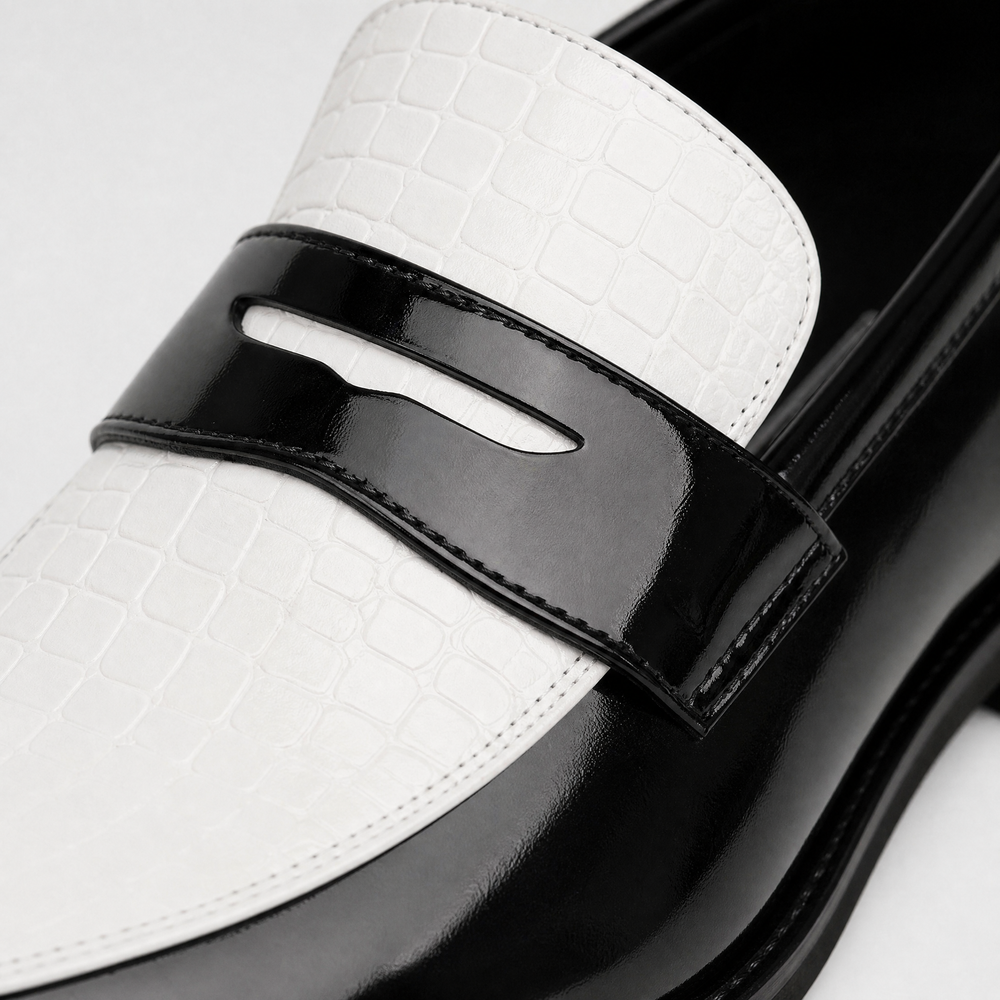 Men's Black & White Croc Pattern Mixed Leather Penny Loafers