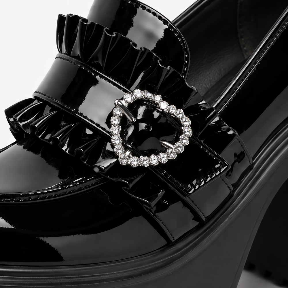 Women’s Black Lolita Platform Loafers with Rhinestone Heart Buckle