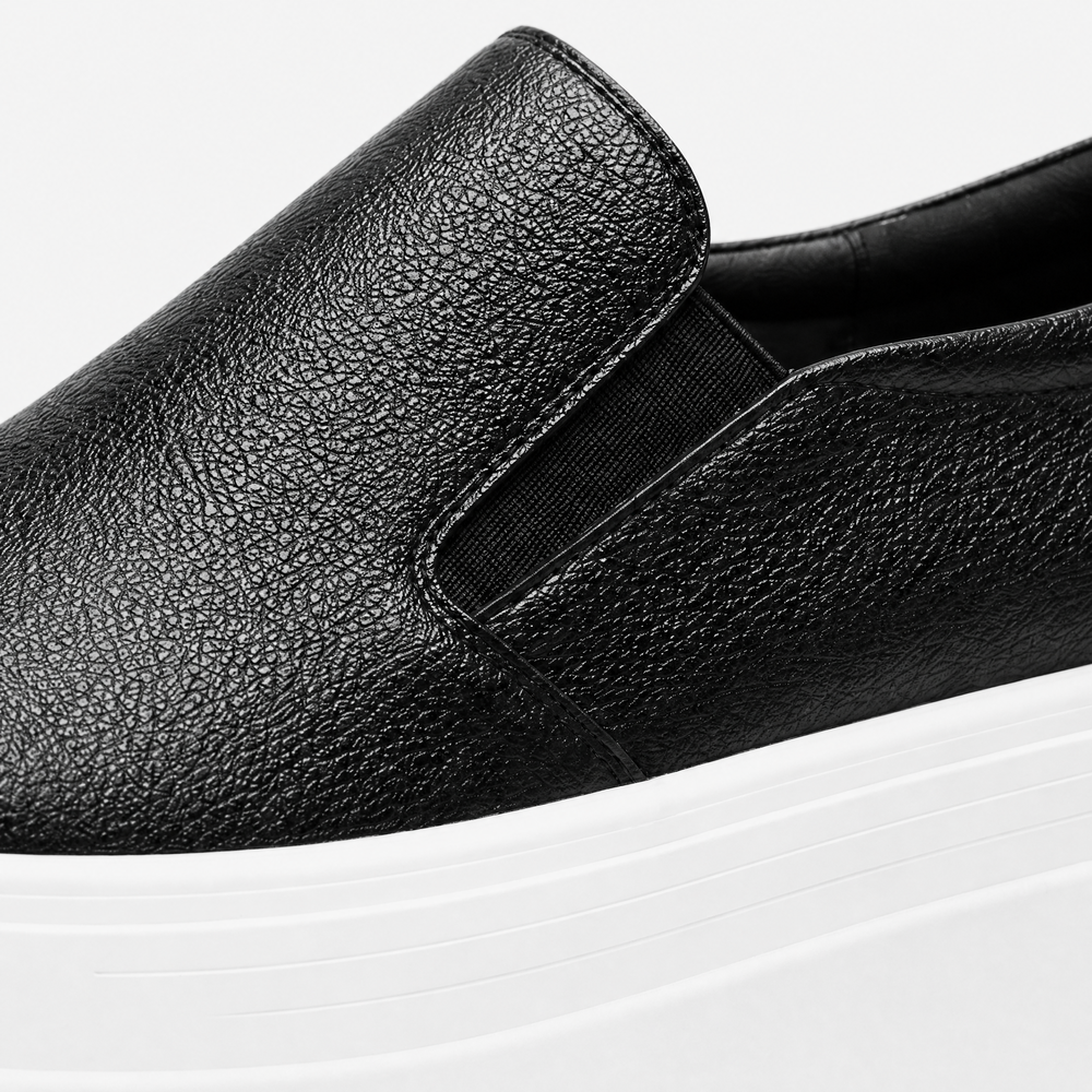 Women's Black Genuine Leather Platform Slip-On Loafers