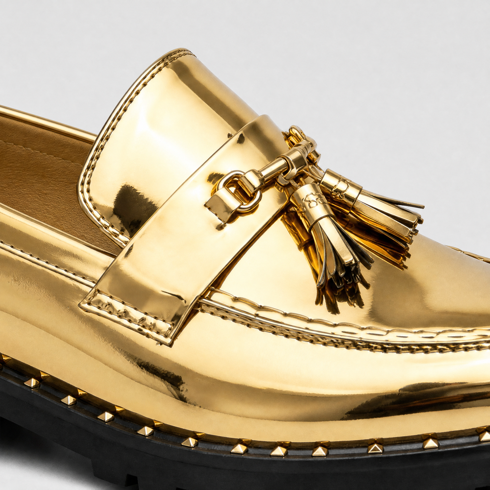 Men's Gold Leather Tassel Loafers with Lug Sole