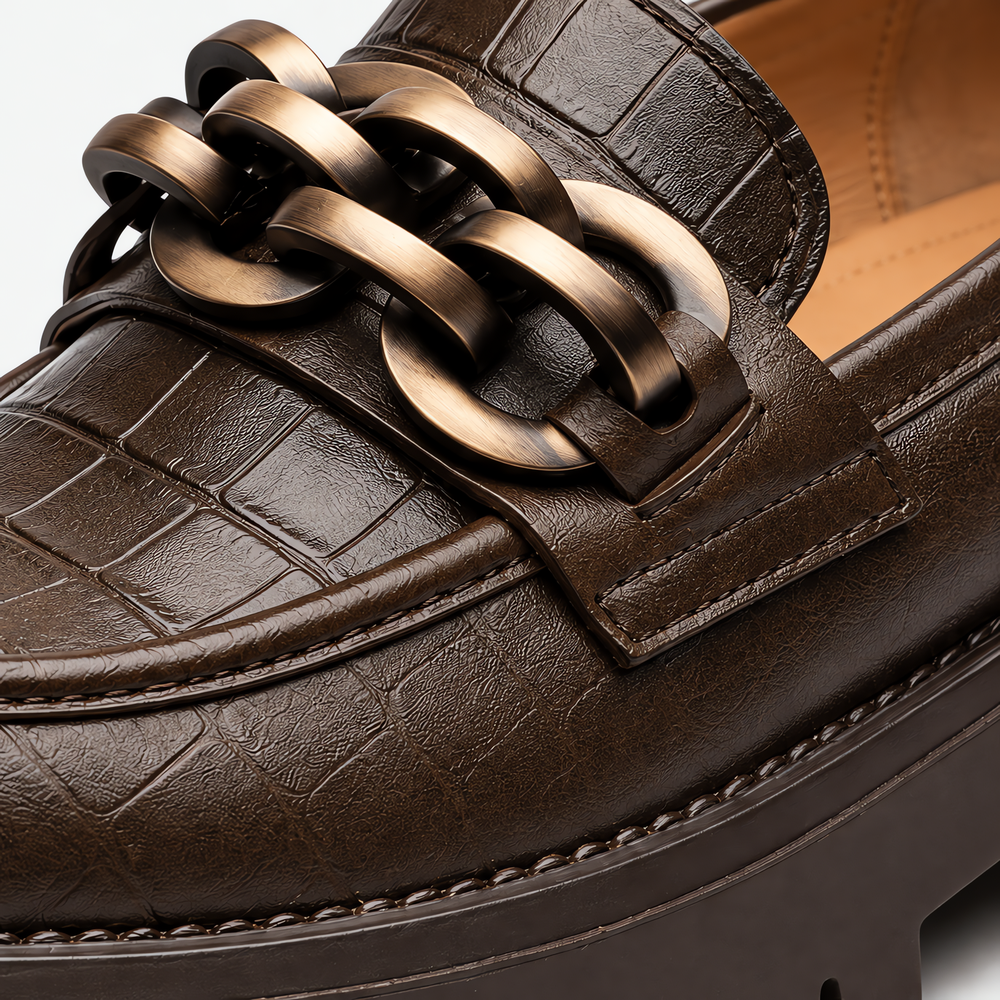 Women's Brown Croc-Embossed Leather Platform Chain Loafers