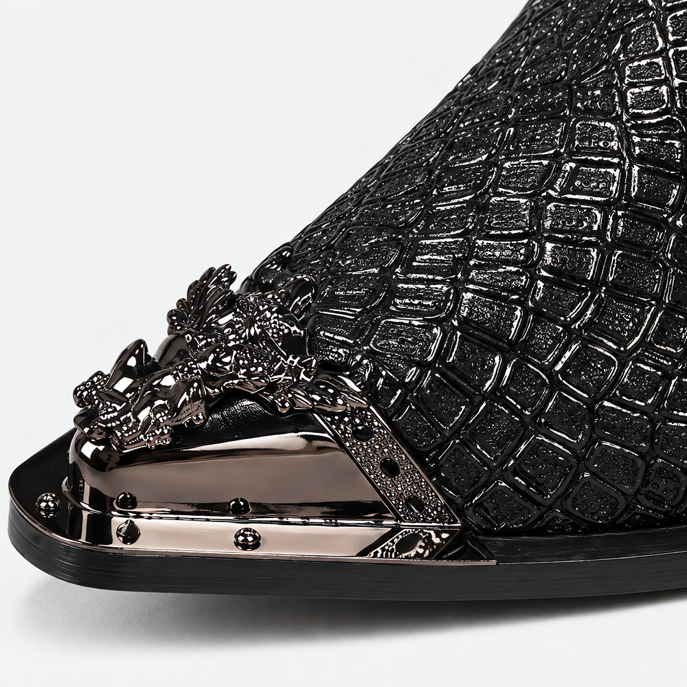 Men's Black Crocodile Textured Metal Toe Slip-On Loafers