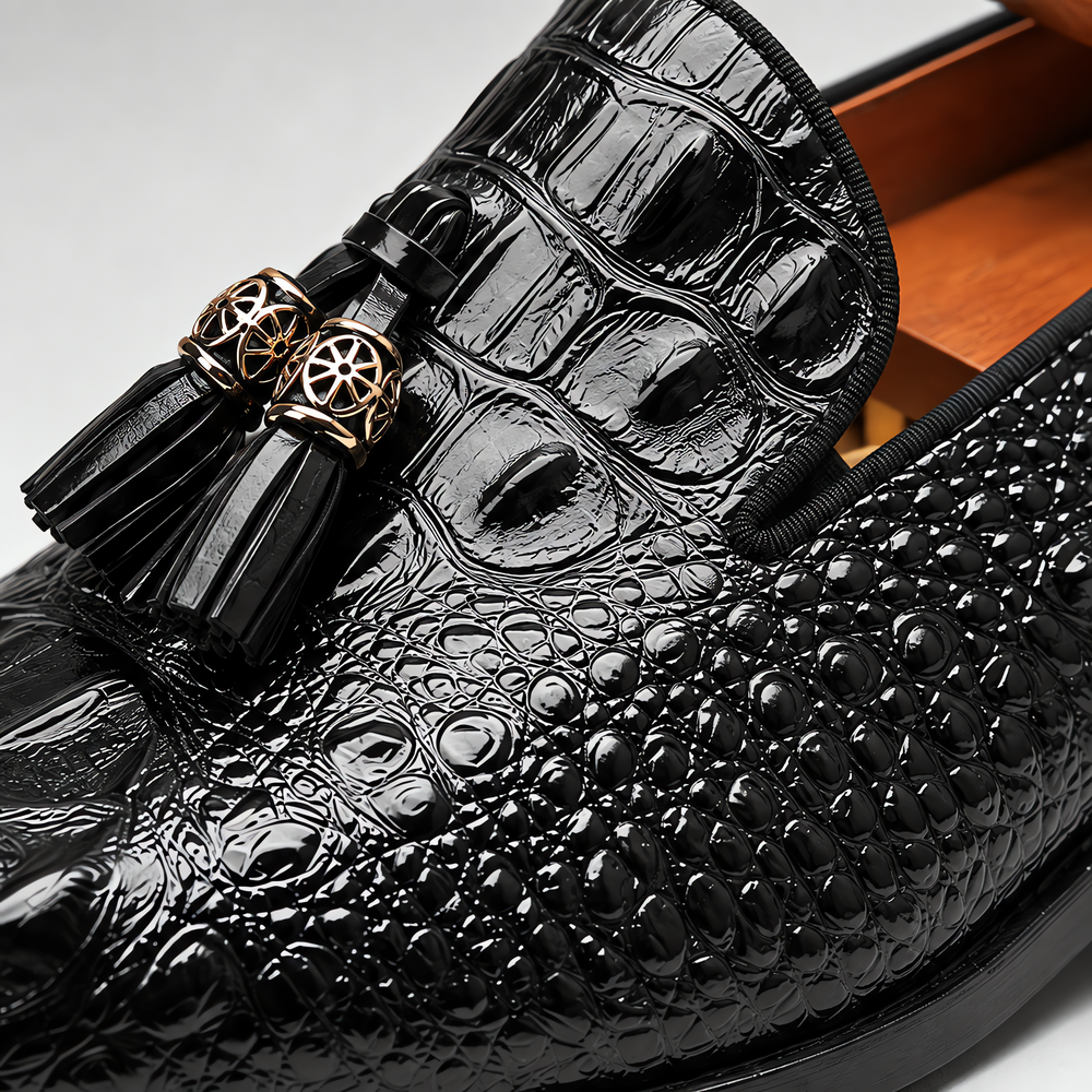 Men's Black Patent Leather Crocodile Embossed Tassel Loafers