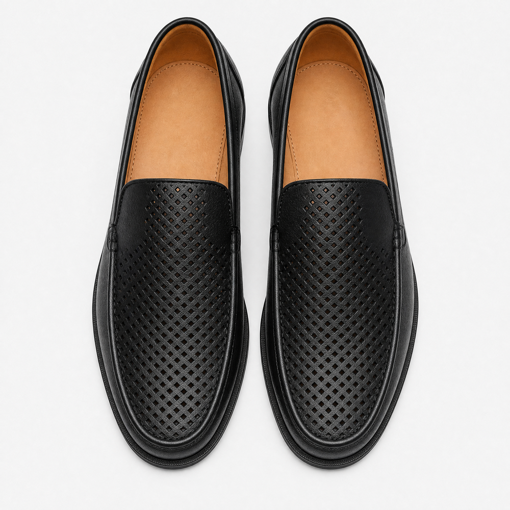 Men's Black Genuine Leather Perforated Slip-On Loafers