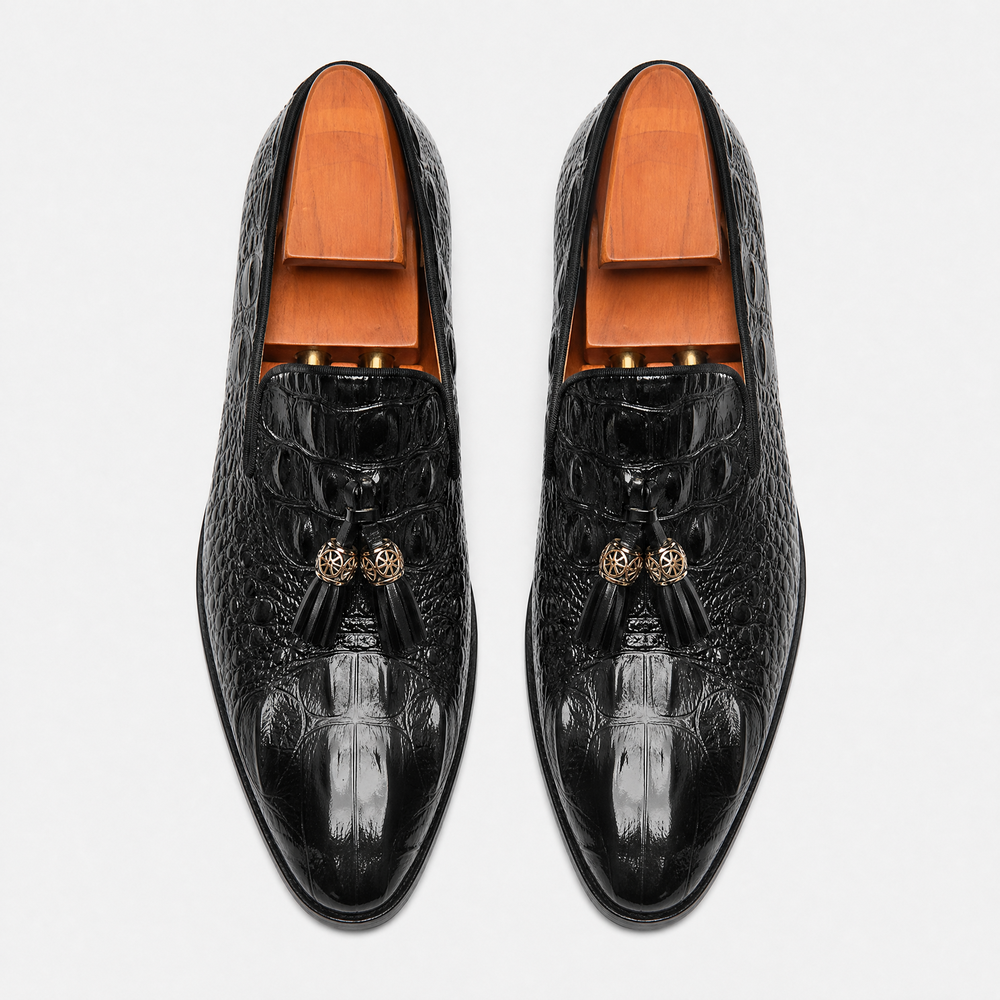 Men's Black Patent Leather Crocodile Embossed Tassel Loafers