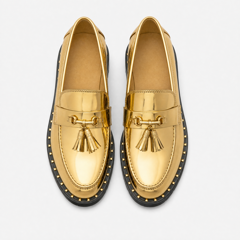 Men's Gold Leather Tassel Loafers with Lug Sole