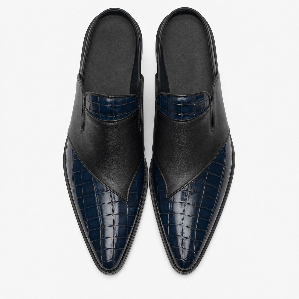Gentry Morris Men's Navy & Black Crocodile-Embossed Pointed Toe Mule Loafers