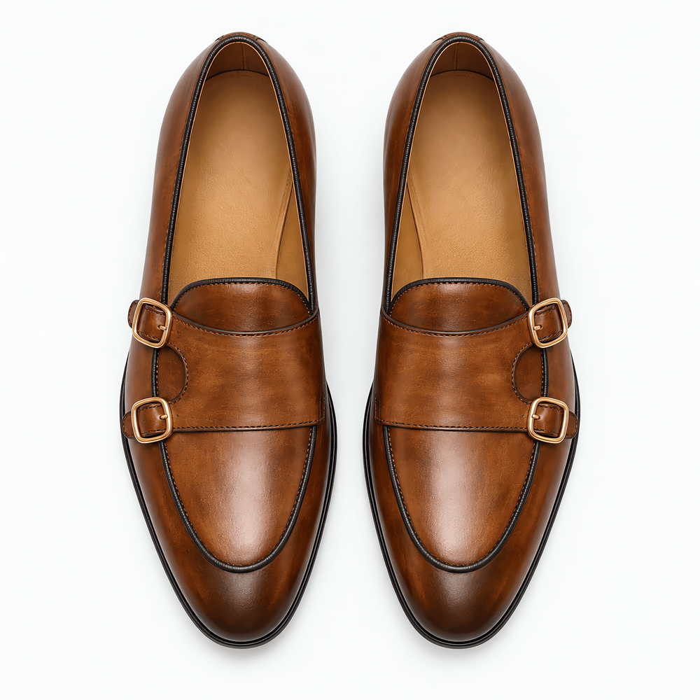 Gentry Morris Men's Handmade Brown Genuine Leather Double Monk Strap Loafers