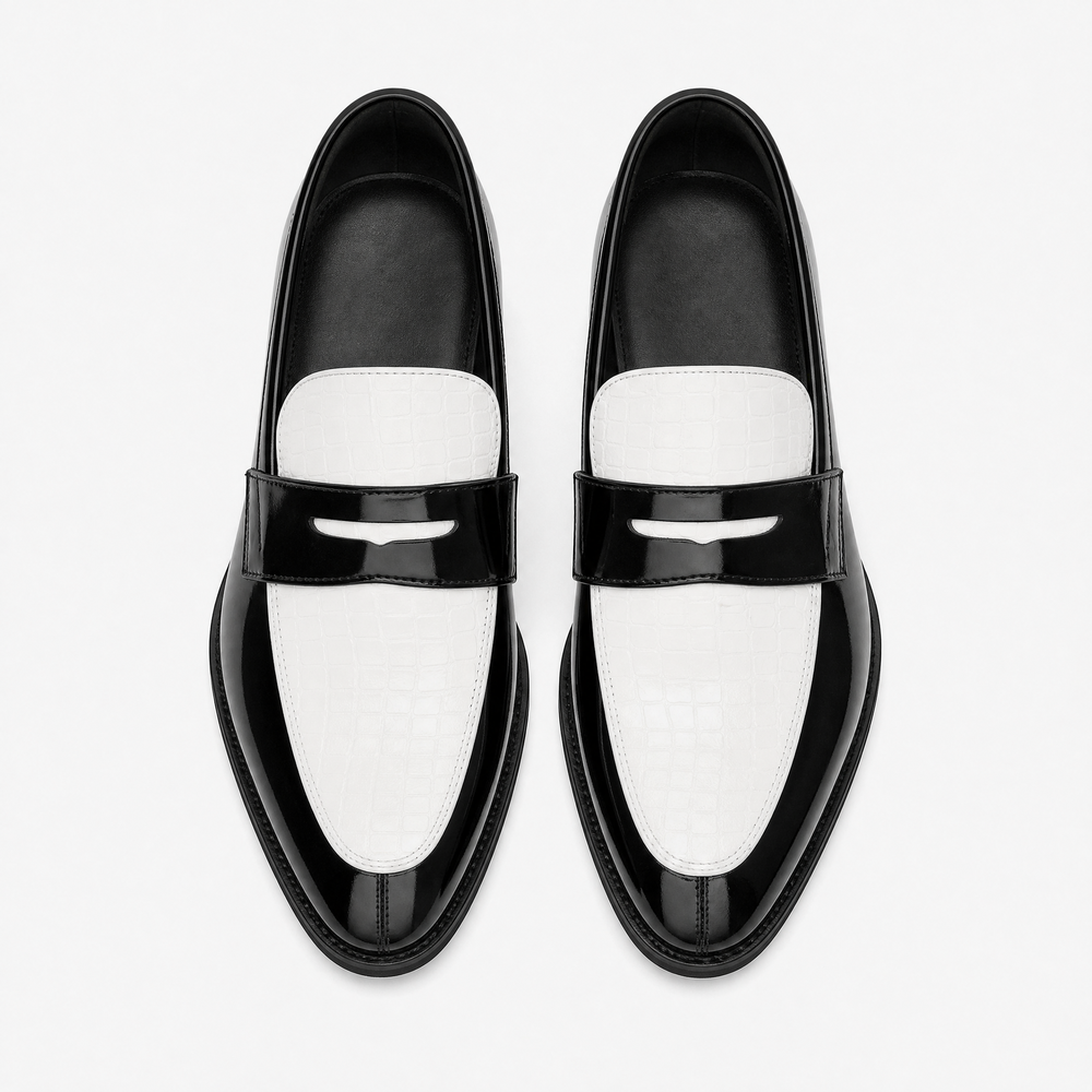 Men's Black & White Croc Pattern Mixed Leather Penny Loafers