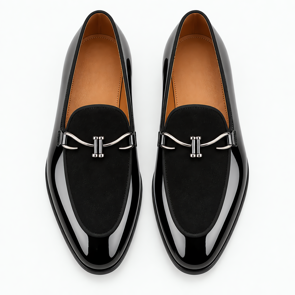 Men's Black Patent Leather Monk Loafers with Metal Bit