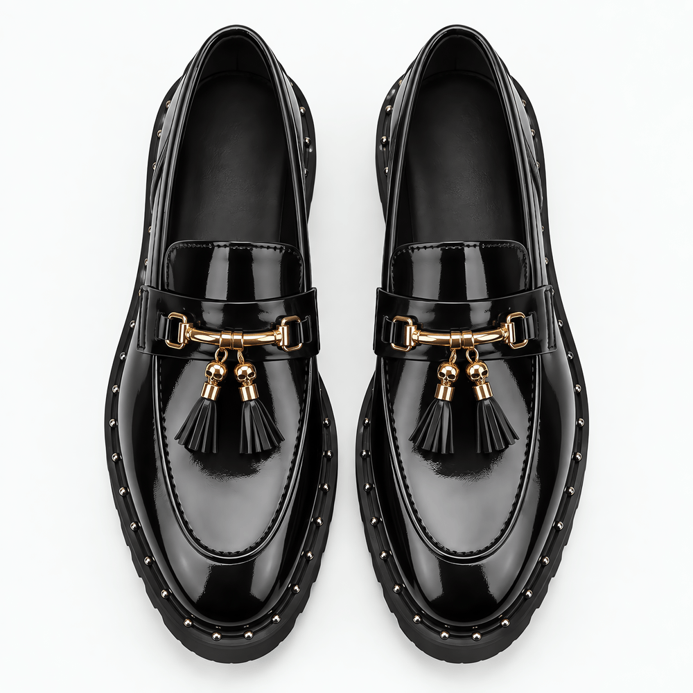 Gentry Morris Men's Black Patent Leather Tassel Loafers with Gold Skull Hardware