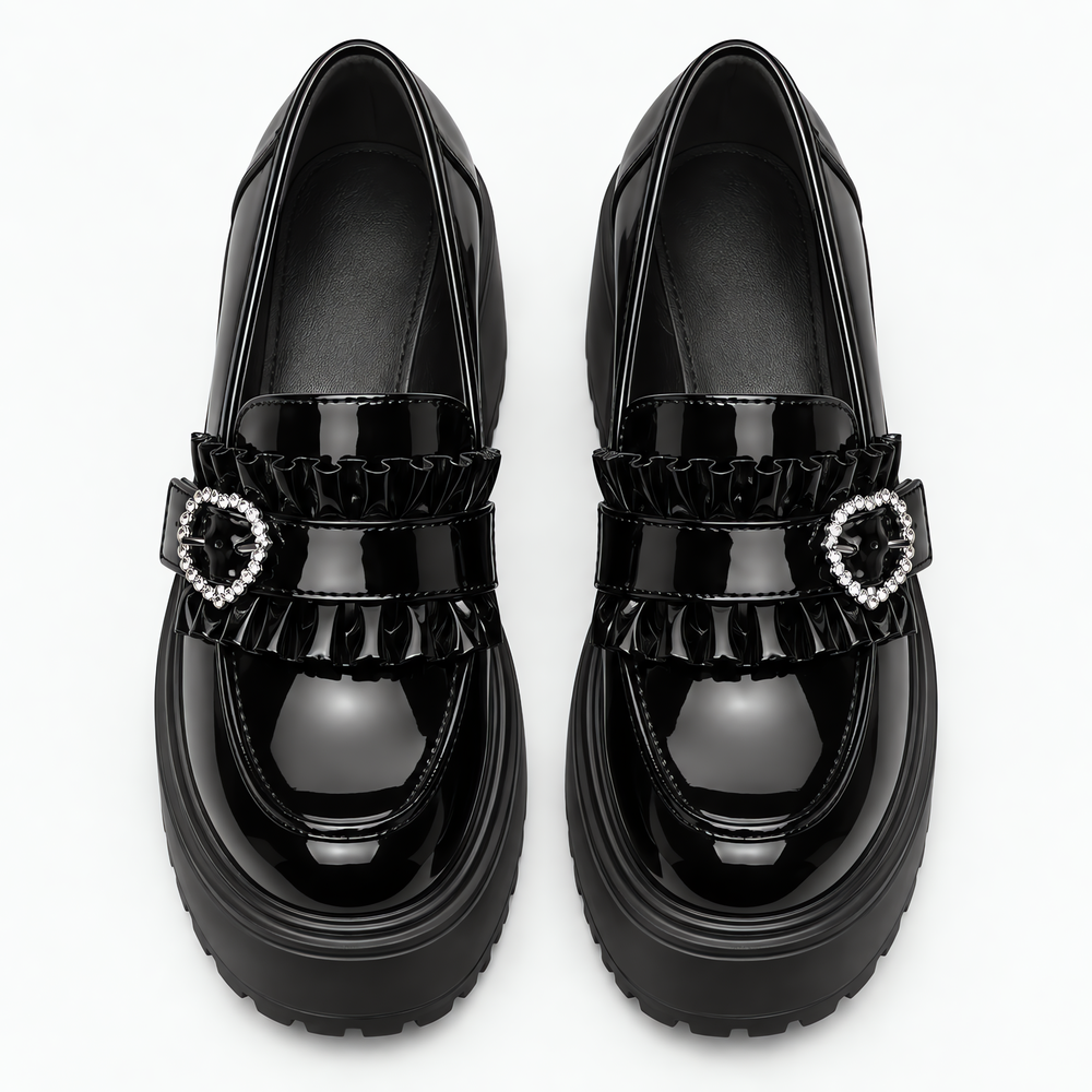 Women’s Black Lolita Platform Loafers with Rhinestone Heart Buckle