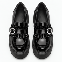 Women’s Black Lolita Platform Loafers with Rhinestone Heart Buckle