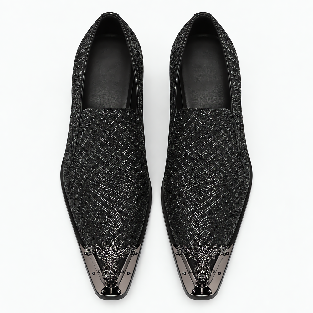 Men's Black Crocodile Textured Metal Toe Slip-On Loafers