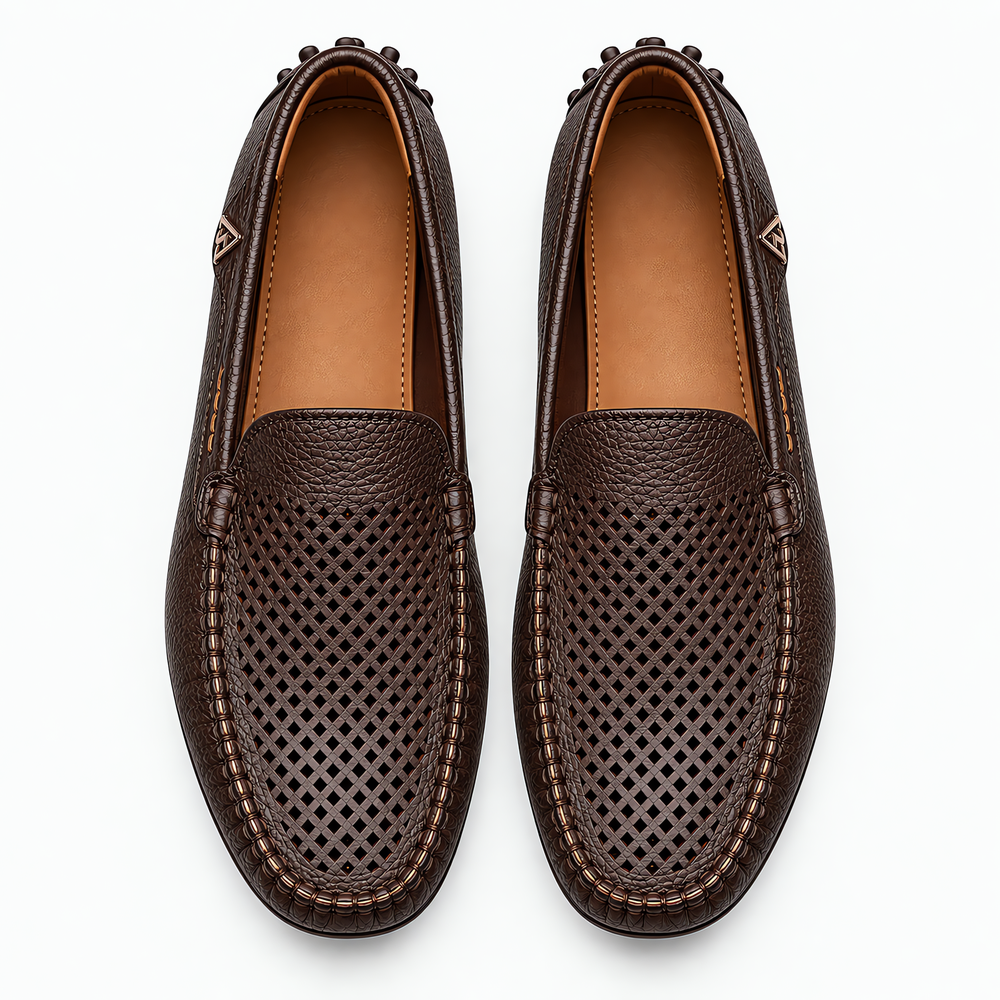 Men's Brown Leather Perforated Slip-On Driving Loafers