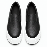 Women's Black Genuine Leather Platform Slip-On Loafers