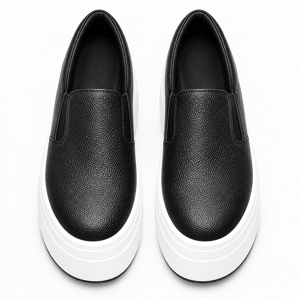 Women's Black Genuine Leather Platform Slip-On Loafers