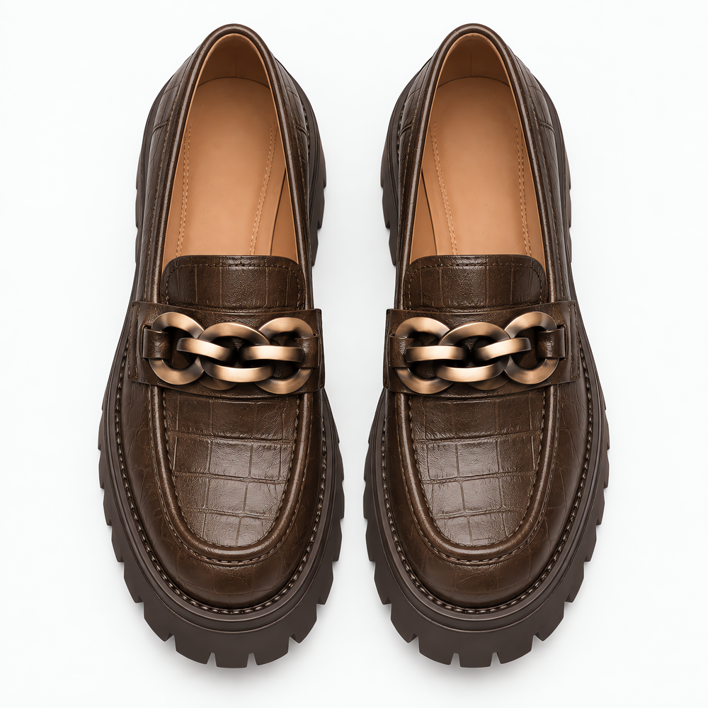 Women's Brown Croc-Embossed Leather Platform Chain Loafers