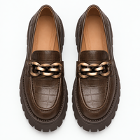 Women's Brown Croc-Embossed Leather Platform Chain Loafers