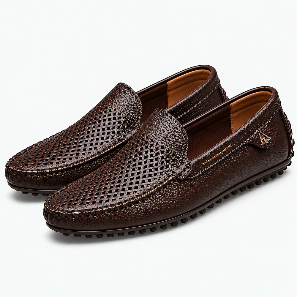 Men's Brown Leather Perforated Slip-On Driving Loafers
