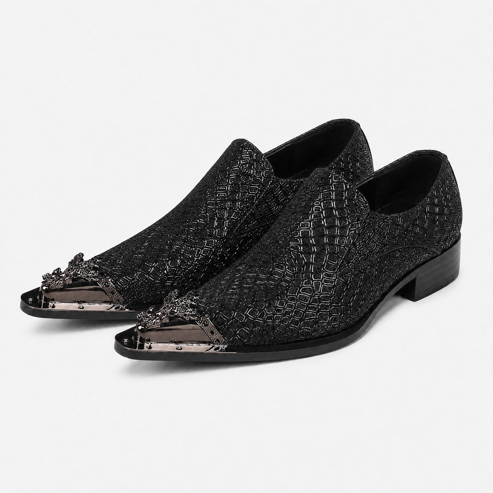 Men's Black Crocodile Textured Metal Toe Slip-On Loafers