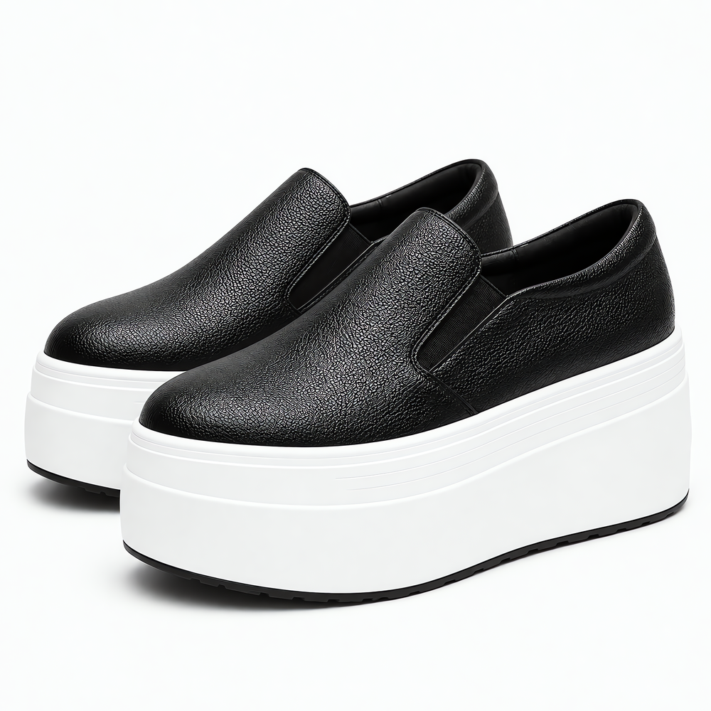 Women's Black Genuine Leather Platform Slip-On Loafers