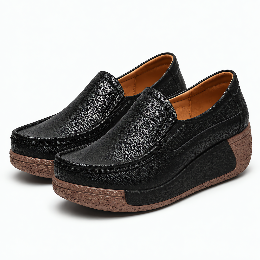 Women's Black Leather Wedge Loafers with Round Toe
