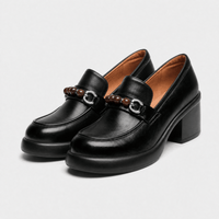 Gentry Morris Women's Black Leather Loafers with Chunky Heel and Beaded Buckle