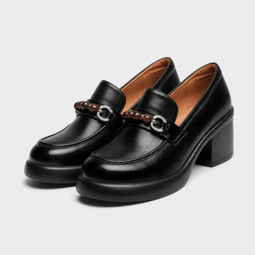 Gentry Morris Women's Black Leather Loafers with Chunky Heel and Beaded Buckle