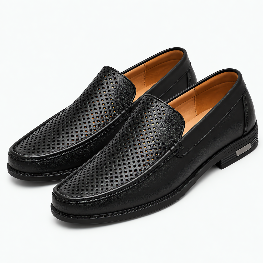 Men's Black Genuine Leather Perforated Slip-On Loafers