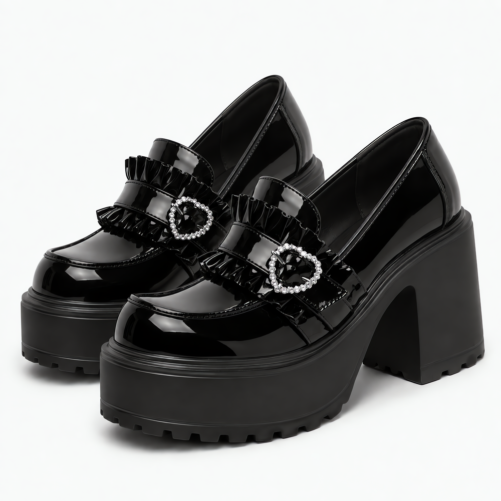 Women’s Black Lolita Platform Loafers with Rhinestone Heart Buckle