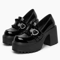 Women’s Black Lolita Platform Loafers with Rhinestone Heart Buckle