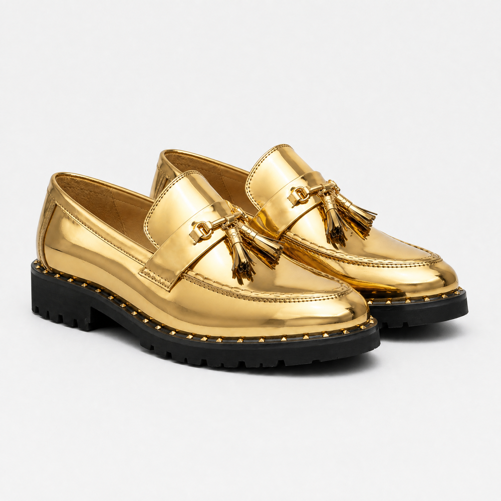 Men's Gold Leather Tassel Loafers with Lug Sole