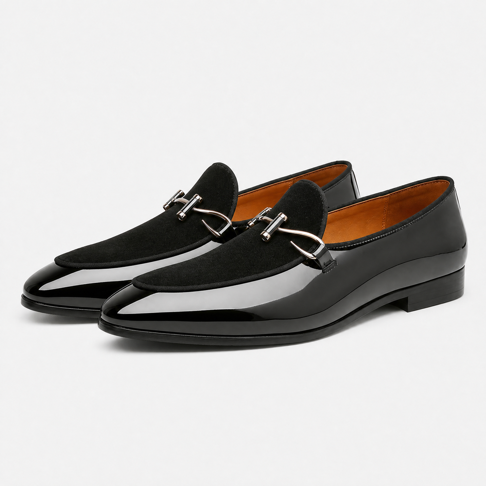 Men's Black Patent Leather Monk Loafers with Metal Bit