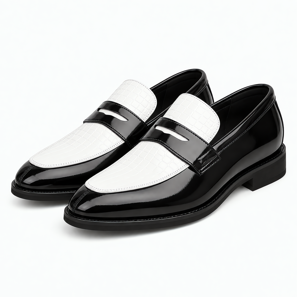 Men's Black & White Croc Pattern Mixed Leather Penny Loafers