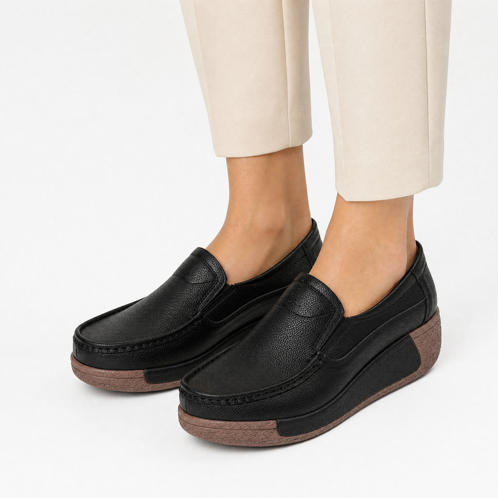 Women's Black Leather Wedge Loafers with Round Toe