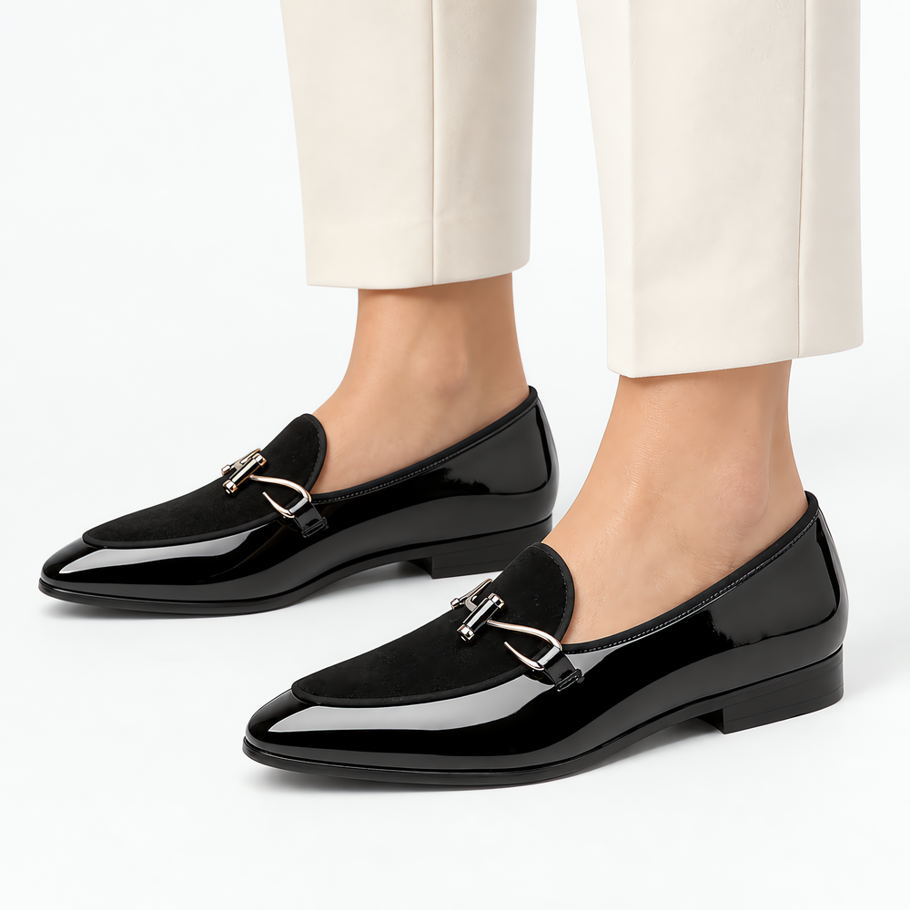 Men's Black Patent Leather Monk Loafers with Metal Bit