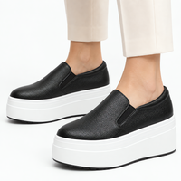 Women's Black Genuine Leather Platform Slip-On Loafers