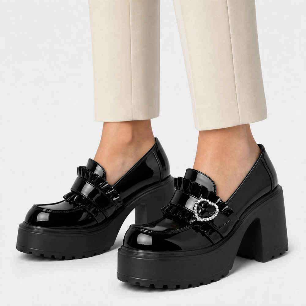Women’s Black Lolita Platform Loafers with Rhinestone Heart Buckle