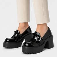 Women’s Black Lolita Platform Loafers with Rhinestone Heart Buckle