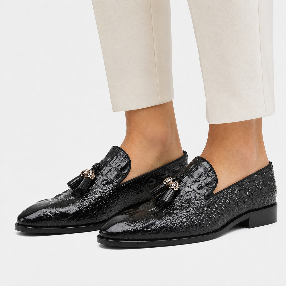 Men's Black Patent Leather Crocodile Embossed Tassel Loafers