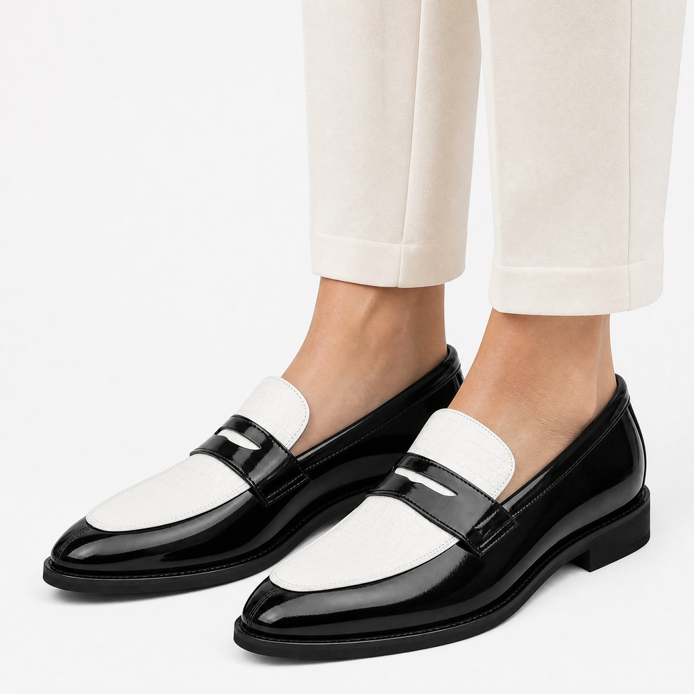 Men's Black & White Croc Pattern Mixed Leather Penny Loafers