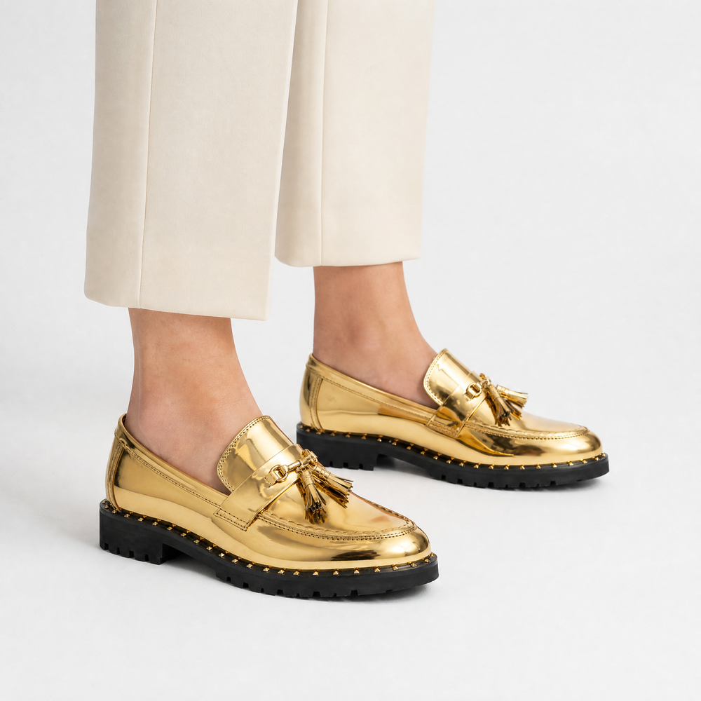 Men's Gold Leather Tassel Loafers with Lug Sole