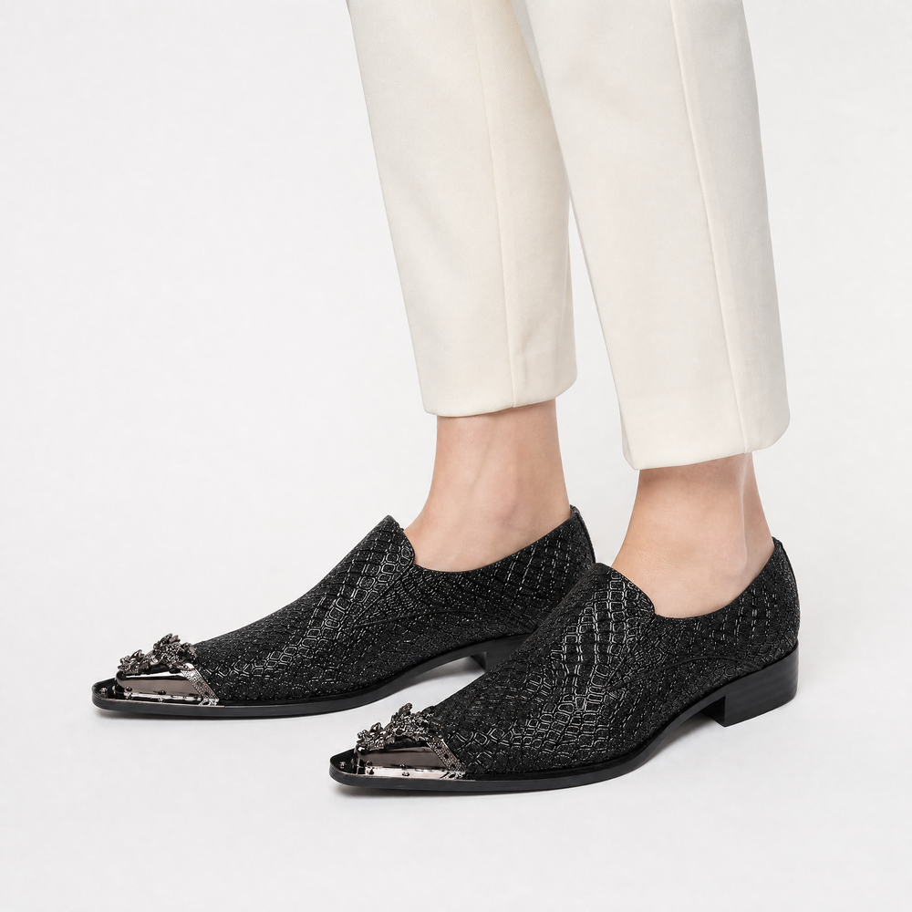 Men's Black Crocodile Textured Metal Toe Slip-On Loafers