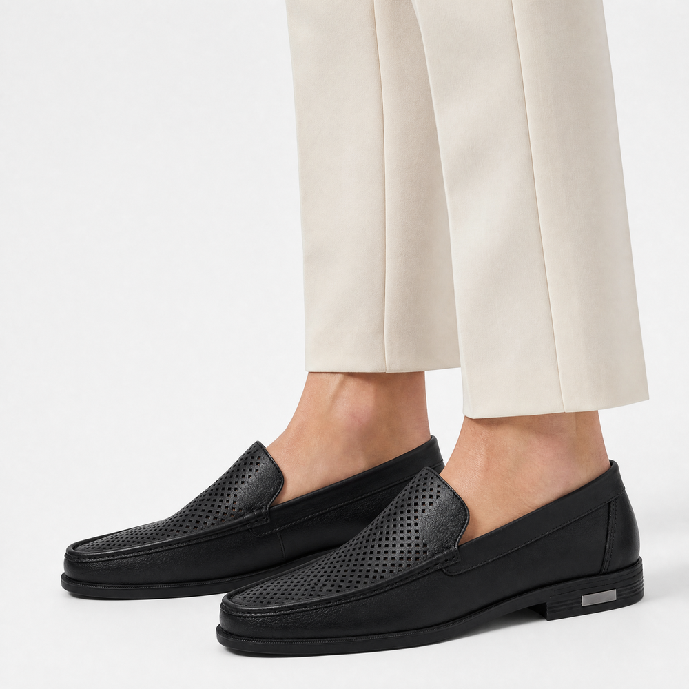 Men's Black Genuine Leather Perforated Slip-On Loafers