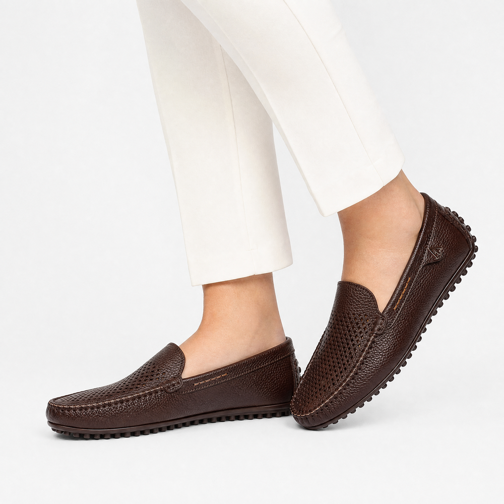 Men's Brown Leather Perforated Slip-On Driving Loafers
