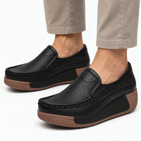 Women's Black Leather Wedge Loafers with Round Toe