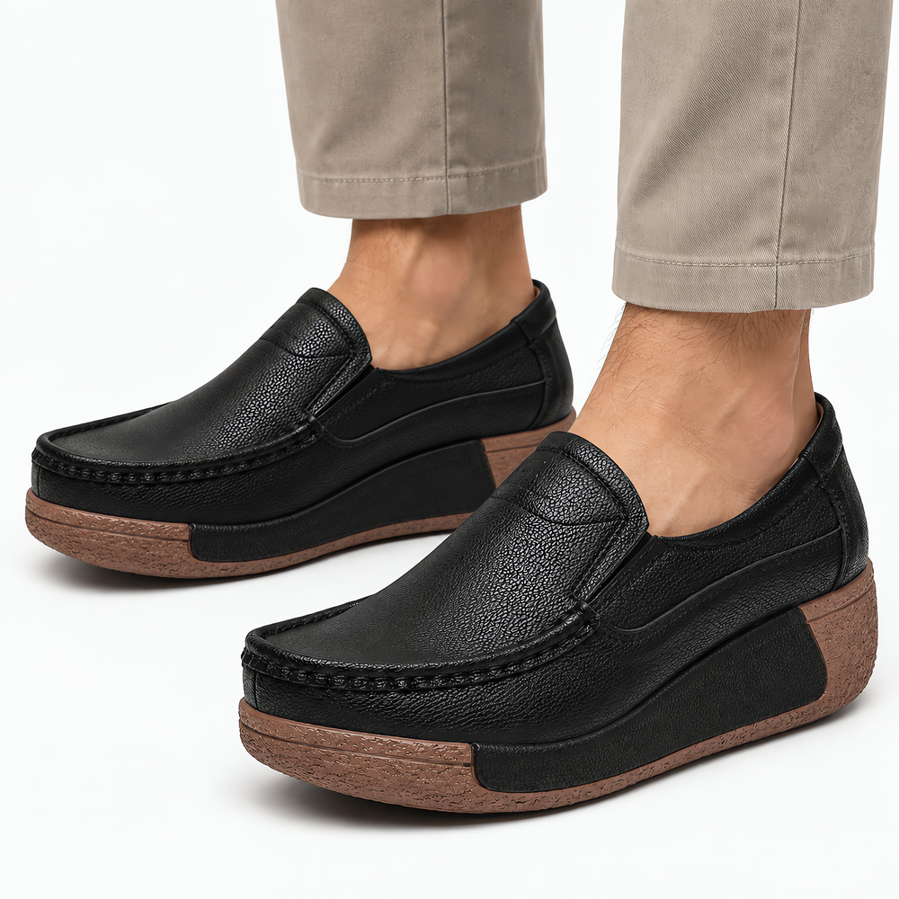 Women's Black Leather Wedge Loafers with Round Toe
